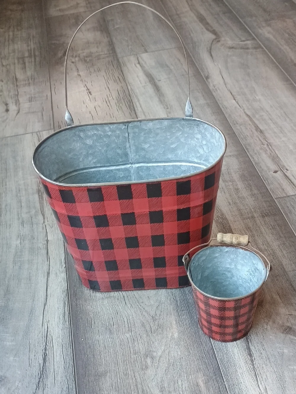 Red Buffalo Plaid Galvanized Metal Buckets with Handle - Set of 2